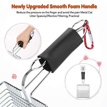 Ownpets Non-Stick Cat Litter Scoop with Foam Handle, Durable Coated Metal Litter Scooper with Deep Shovel, Carabiner & Comfy Foam Grip for Fast Sifting & Instant Cleaning