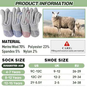 Sandsuced Kids Merino Wool Hiking Socks Girls Boys Toddler Winter Thermal Warm Cozy Boot Thick Cushion Gift Stocking Stuffers Socks 4 Pairs(Purle/Blue/Red/Grey,8-12 Years)
