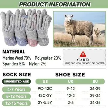 Sandsuced Kids Merino Wool Hiking Socks Girls Boys Toddler Winter Thermal Warm Cozy Boot Thick Cushion Gift Stocking Stuffers Socks 4 Pairs(Purle/Blue/Red/Grey,8-12 Years)