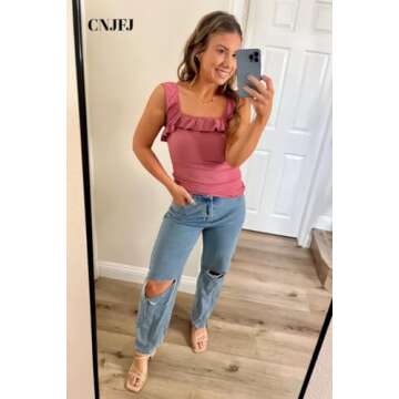 Womens Cute Sleeveless Tank Tops Ruffle Strap Square Neck Blouse Solid Color Knitted Camisole Pink