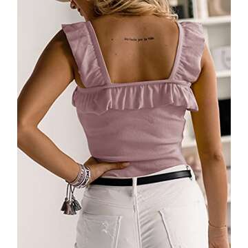 Womens Cute Sleeveless Tank Tops Ruffle Strap Square Neck Blouse Solid Color Knitted Camisole Pink