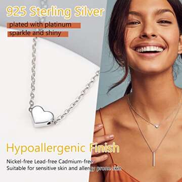 PROSILVER 925 Sterling Silver Heart Necklace Tiny Pendant Chain Friendship Valentine Day Gift Dainty Heart Engraved Personalized Custom Choker Necklace for Women