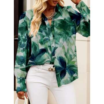 EVALESS Green Shirts for Women Blouses for Women Dressy Casual Fall Tops Cute Floral Outfits Fashion 2025 Sexy V Neck Button Down ShirtsBoho Clothes Spring Summer Long Sleeve Tops for Work, X-Large