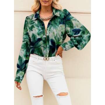 EVALESS Green Shirts for Women Blouses for Women Dressy Casual Fall Tops Cute Floral Outfits Fashion 2025 Sexy V Neck Button Down ShirtsBoho Clothes Spring Summer Long Sleeve Tops for Work, X-Large