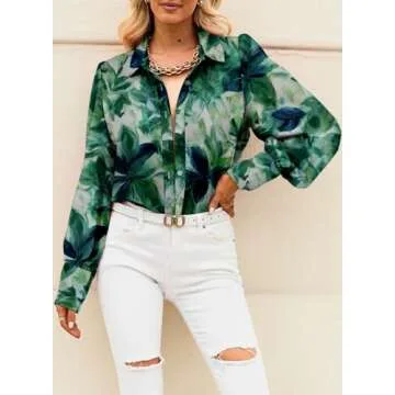 EVALESS Green Shirts for Women Blouses for Women Dressy Casual Fall Tops Cute Floral Outfits Fashion 2025 Sexy V Neck Button Down ShirtsBoho Clothes Spring Summer Long Sleeve Tops for Work, X-Large