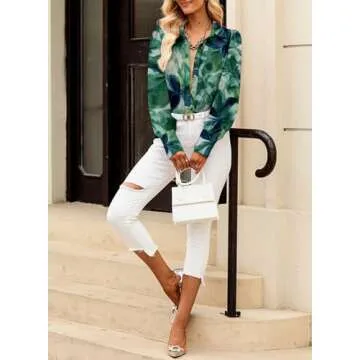 EVALESS Green Shirts for Women Blouses for Women Dressy Casual Fall Tops Cute Floral Outfits Fashion 2025 Sexy V Neck Button Down ShirtsBoho Clothes Spring Summer Long Sleeve Tops for Work, X-Large