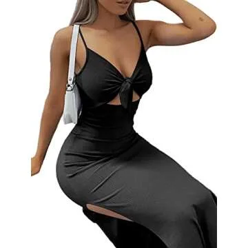 LYANER Women's Tie Knot Cut Out Side Split Hem Sleeveless Knit Bodycon Maxi Dress Black X-Small
