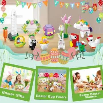 12Pcs Easter Egg Fillers Building Kits, Easter Rabbit 12 in 1 Building Blocks Set, Easter Bricks Toy Gift Easter Egg Fillers, Easter Basket Stuffers, Easter Party Favors for Kids 6+