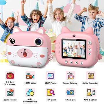 Kids Camera Instant Print, 3.0" HD Screen Kids Instant Cameras, Christmas Birthday Gifts for Girls B...