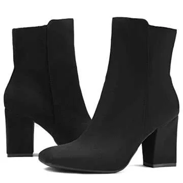 mysoft Women's GoGo Boots Square Toe Side Zipper Ankle Boots Chunky Block Heel Mid Calf Low Heeled Short Booties