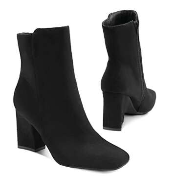 mysoft Women's GoGo Boots Square Toe Side Zipper Ankle Boots Chunky Block Heel Mid Calf Low Heeled Short Booties