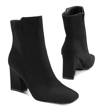 mysoft Women's GoGo Boots Square Toe Side Zipper Ankle Boots Chunky Block Heel Mid Calf Low Heeled Short Booties