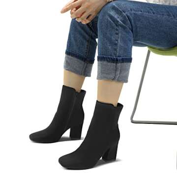 mysoft Women's GoGo Boots Square Toe Side Zipper Ankle Boots Chunky Block Heel Mid Calf Low Heeled Short Booties