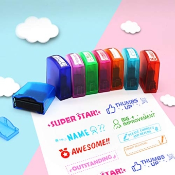 Reliancer 8PCS Teacher Stamp Set Colorful Self-Inking Motivation School Grading Stamps Encouraging Comments Classroom Homework Rating Stamp Office Stationery Stamps with Storage Tray (8PCS-B)