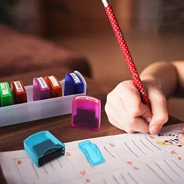 Reliancer 8PCS Teacher Stamp Set Colorful Self-Inking Motivation School Grading Stamps Encouraging Comments Classroom Homework Rating Stamp Office Stationery Stamps with Storage Tray (8PCS-B)