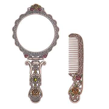 Nerien Vintage Mirror Comb Set Metal Antique Rose Style Handheld Makeup Mirror Travel Round Folding ...