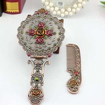 Nerien Vintage Mirror Comb Set Metal Antique Rose Style Handheld Makeup Mirror Travel Round Folding Cosmetic Mirror Women's Vanity Handle Foldable Mirror Decorative Tabletop Mirror Copper