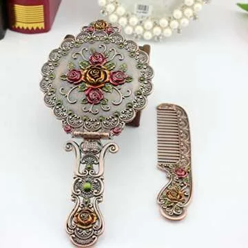 Nerien Vintage Mirror Comb Set Metal Antique Rose Style Handheld Makeup Mirror Travel Round Folding Cosmetic Mirror Women's Vanity Handle Foldable Mirror Decorative Tabletop Mirror Copper