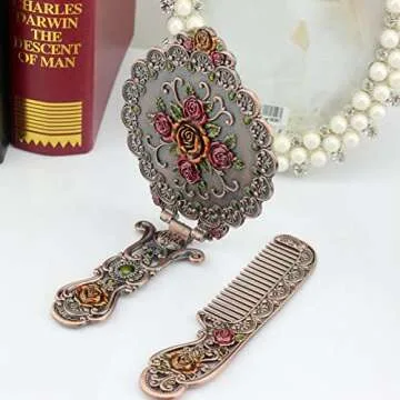 Nerien Vintage Mirror Comb Set Metal Antique Rose Style Handheld Makeup Mirror Travel Round Folding Cosmetic Mirror Women's Vanity Handle Foldable Mirror Decorative Tabletop Mirror Copper