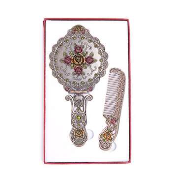 Nerien Vintage Mirror Comb Set Metal Antique Rose Style Handheld Makeup Mirror Travel Round Folding Cosmetic Mirror Women's Vanity Handle Foldable Mirror Decorative Tabletop Mirror Copper
