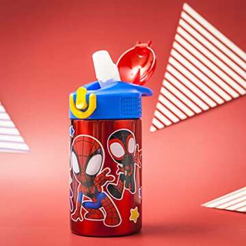 Zak Designs Marvel Spider-Man 18/8 Single Wall Stainless Steel Kids Water Bottle, Flip Straw Locking...