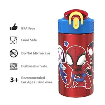 Zak Designs Marvel Spider-Man 18/8 Single Wall Stainless Steel Kids Water Bottle, Flip Straw Locking Spout Cover, Durable Cup for Sports or Travel (15.5oz, Non-BPA, Spidey and His Amazing Friends)