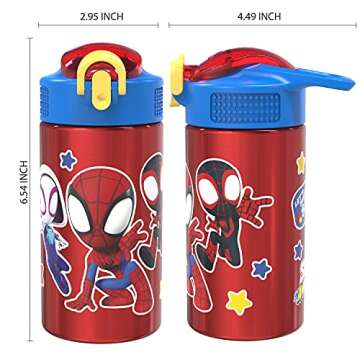 Zak Designs Marvel Spider-Man 18/8 Single Wall Stainless Steel Kids Water Bottle, Flip Straw Locking Spout Cover, Durable Cup for Sports or Travel (15.5oz, Non-BPA, Spidey and His Amazing Friends)