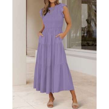 ZESICA Women's Summer Casual Flutter Short Sleeve Crew Neck Smocked Elastic Waist Tiered Midi Dress,...