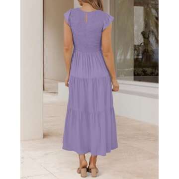 ZESICA Women's Summer Casual Flutter Short Sleeve Crew Neck Smocked Elastic Waist Tiered Midi Dress,Violet,Small