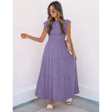 ZESICA Women's Summer Casual Flutter Short Sleeve Crew Neck Smocked Elastic Waist Tiered Midi Dress,Violet,Small