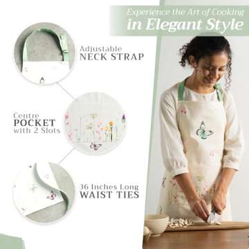 Maison d' Hermine Apron 100% Cotton 27.50"x31.50" 1 Piece Adjustable Neck Strap Cloth Aprons with Center Pocket & Long Ties for Mother's Day Gifts, Chef, Women & Men, Botanical Fresh - Spring/Summer