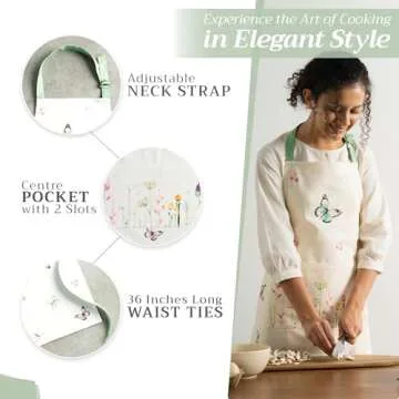 Maison d' Hermine Apron 100% Cotton 27.50"x31.50" 1 Piece Adjustable Neck Strap Cloth Aprons with Center Pocket & Long Ties for Mother's Day Gifts, Chef, Women & Men, Botanical Fresh - Spring/Summer