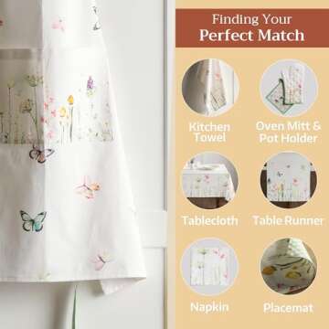 Maison d' Hermine Apron 100% Cotton 27.50"x31.50" 1 Piece Adjustable Neck Strap Cloth Aprons with Center Pocket & Long Ties for Mother's Day Gifts, Chef, Women & Men, Botanical Fresh - Spring/Summer