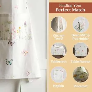 Maison d' Hermine Apron 100% Cotton 27.50"x31.50" 1 Piece Adjustable Neck Strap Cloth Aprons with Center Pocket & Long Ties for Mother's Day Gifts, Chef, Women & Men, Botanical Fresh - Spring/Summer