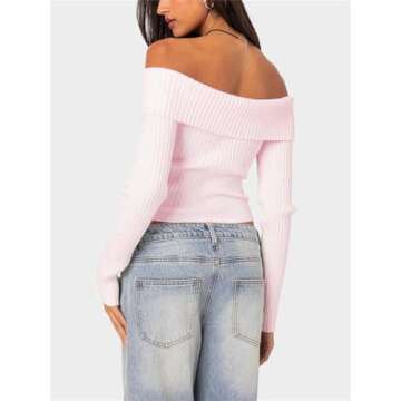 Women Off The Shoulder Sweater Y2k Long Sleeve Boat Neck Knit Cropped Pullover Tops Fall Trendy Goin...