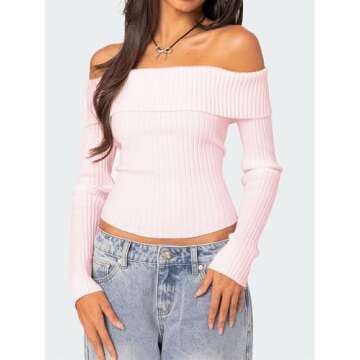 Women Off The Shoulder Sweater Y2k Long Sleeve Boat Neck Knit Cropped Pullover Tops Fall Trendy Going Out Streetwear Pastel Pink