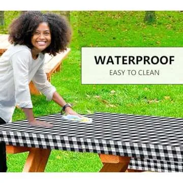 LINPRO Picnic Table Cover with Bench Covers Vinyl Fitted Picnic Table Covers with Elastic Camping Accessories Tablecloth