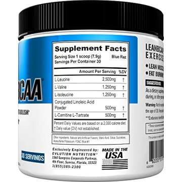 Evlution Stimulant Free Lean BCAA Powder Nutrition BCAAs Amino Acids Powder with CLA Carnitine and 2...