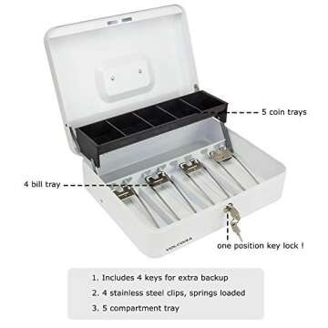White Steel Cash Box with Safe Key Lock | Tiered Money Coin Tray and Bill Slots | Portable and Compact | 4 Keys | Metal Lockable Storage Box for Change, Petty Cash, Fundraiser, Garage Sale