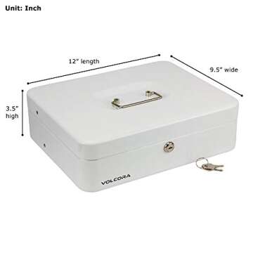 White Steel Cash Box with Safe Key Lock | Tiered Money Coin Tray and Bill Slots | Portable and Compact | 4 Keys | Metal Lockable Storage Box for Change, Petty Cash, Fundraiser, Garage Sale