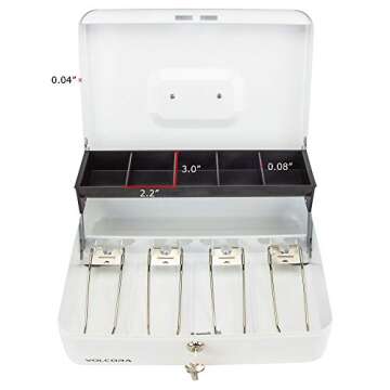 White Steel Cash Box with Safe Key Lock | Tiered Money Coin Tray and Bill Slots | Portable and Compact | 4 Keys | Metal Lockable Storage Box for Change, Petty Cash, Fundraiser, Garage Sale