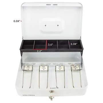 White Steel Cash Box with Safe Key Lock | Tiered Money Coin Tray and Bill Slots | Portable and Compact | 4 Keys | Metal Lockable Storage Box for Change, Petty Cash, Fundraiser, Garage Sale