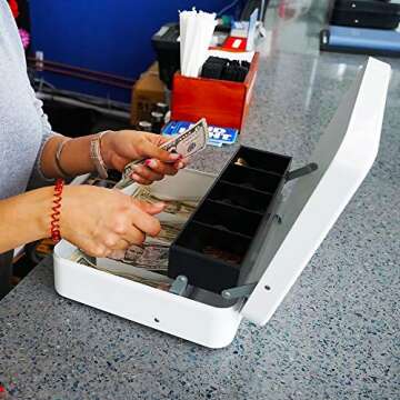 White Steel Cash Box with Safe Key Lock | Tiered Money Coin Tray and Bill Slots | Portable and Compact | 4 Keys | Metal Lockable Storage Box for Change, Petty Cash, Fundraiser, Garage Sale