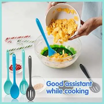 Dandat 4 Pieces Silicone Nonstick Mixing Spoons Heat Resistant Utensil Basting Serving Spoon Cooking Baking for Stirring Kitchen (Novel Style), Medium