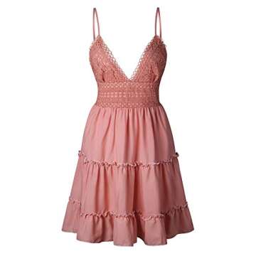 ECOWISH Summer Dresses for Women 2025 V-Neck Spaghetti Strap Bowknot Backless Sleeveless Lace Mini Swing Skater Dress Pink-1 Large