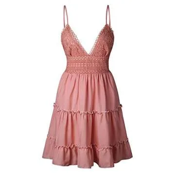 ECOWISH Summer Dresses for Women 2025 V-Neck Spaghetti Strap Bowknot Backless Sleeveless Lace Mini Swing Skater Dress Pink-1 Large