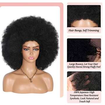Kalyss 16" Women's Short Afro Kinky Curly Hair Black Wigs for Black Women Afro Wig Large Bouncy and Soft Natural Looking Premium Human Hair Blended Hair Wigs for Women,150% Density