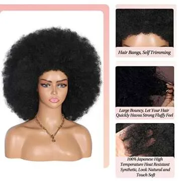 Kalyss 16" Women's Short Afro Kinky Curly Hair Black Wigs for Black Women Afro Wig Large Bouncy and Soft Natural Looking Premium Human Hair Blended Hair Wigs for Women,150% Density