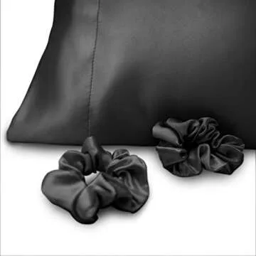 Alexandra's Secret Satin Bed Zippered Pillowcase with Scrunchies for Hair and Skin Pack of 2 Gift Set Luxury Soft and Cooling Sleep Silky Pillow Cases with Zipper (King, Black)
