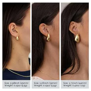 Ava Riley Chunky Gold Earrings, Medium Gold Plated -18K Plated Teardrop Earrings for Women, Chunky S...